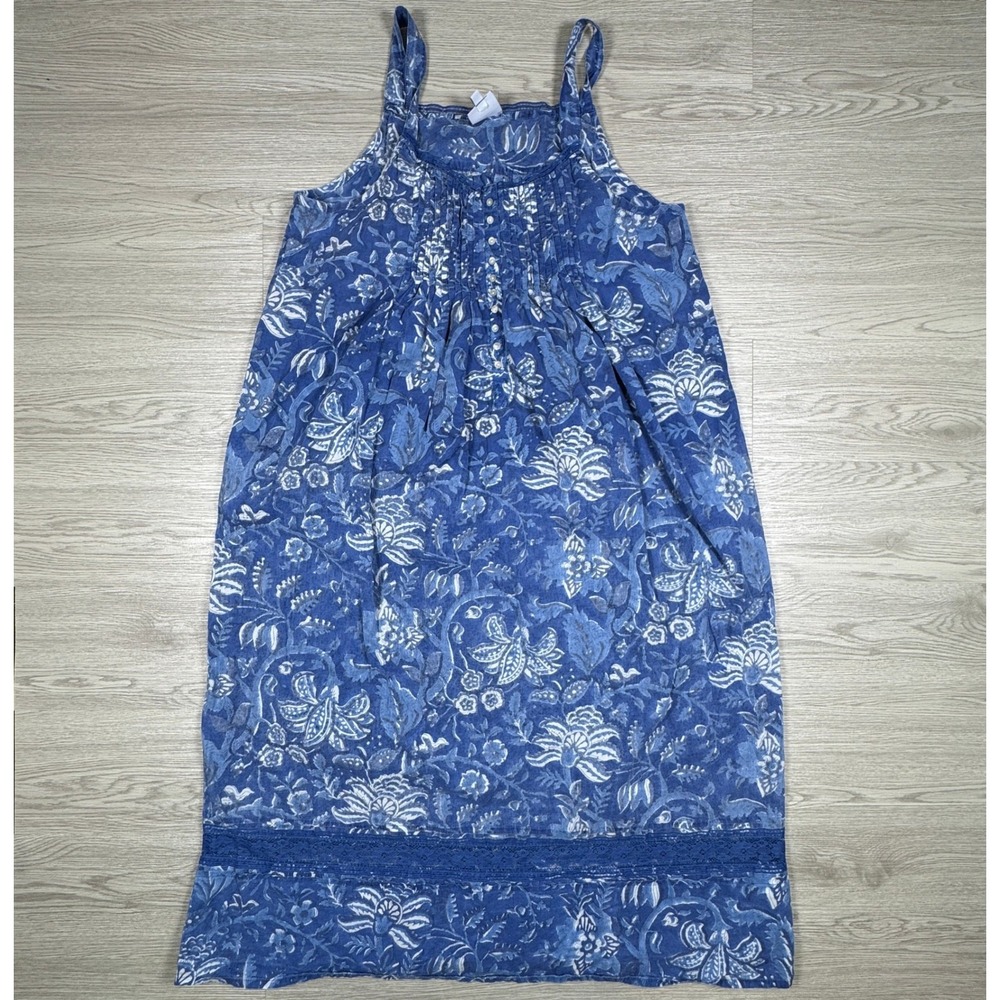Pax Philomena Women's Tank Dress Blue Floral Cotton Button Pleated Midi Size M‎